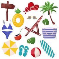 Set of cute summer elements surfboard, cocktail, bag, hat, palm tree, bikini, flip flops, beach umbrella, ball, sand castle, lifebuoy. Flat vector illustration for summertime poster, card