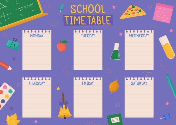 Cute childish school timetable, weekly classes schedule for kids with school supplies. Printable planner, diary for student. Stationery set for children. To Do List.