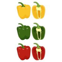 Set of red, yellow and green peppers isolated on white background. Flat vector illustration