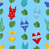 Women's swimwear seamless pattern. Fashionable bikini tops and bottoms. Women's swimsuits for summer vacation. vector