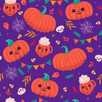 Halloween seamless pattern with pumpkins and sweets. Vector graphics.