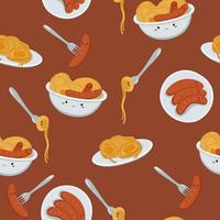 Seamless pattern with kawaii spaghetti and sausages. Vector graphics.