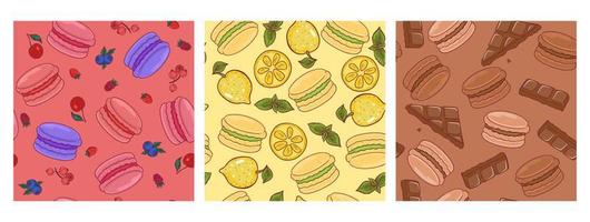 Set of seamless patterns with macaroons. Vector graphics.