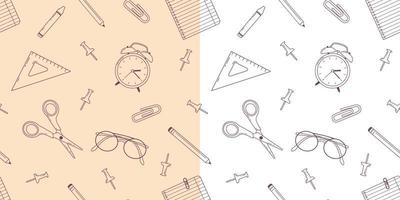 Back to school seamless pattern. Line art doodle illustration with school supplies. Scissors, pins, clips, glasses, pencil, paper, alarm clock and ruler. Vector background