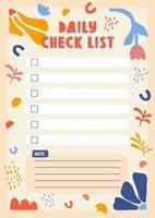 Daily check list planner, note paper, to do list decorated with cute cartoon doodle flowers and botanical illustrations and inspirational quote. School scheduler and organizer. Flat vector