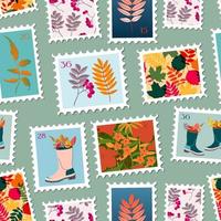 Post stamps seamless pattern illustration. Variety of modern vector isolated stamps. Autumn vintage concept post theme. Fall leaves and boots drawings for mail and post design.