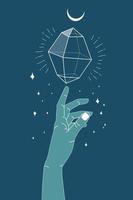 Hand reaching for the crystal gem outline illustration. Magic crystal concept. Modern vector illustration. Transparent line art gem with leaf and stars. Minimalistic design for web.