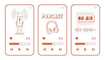 Headphones, microphone, on air icons on phone screen. Podcast recording and listening, broadcasting, online radio, audio streaming service concept. Hand drawn vector isolated illustrations