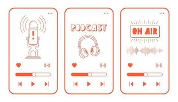 auriculares, micrófono, iconos de aire en la pantalla del teléfono. Grabación y escucha de podcasts, radiodifusión, radio en línea, concepto de servicio de transmisión de audio. Ilustraciones de vectores dibujados a mano