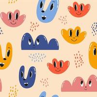 Colorful abstract hand drawn aesthetic geometric faces illustration pattern. Botanical retro concept template perfect for postcards, wrapping paper, banner, background etc. Cartoon, characters. vector