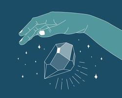 Hand holding crystal gem outline illustration. Magic crystal concept. Modern vector illustration. Transparent line art gem with stars. Minimalistic design for web.