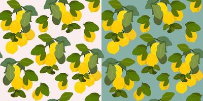 Lemons gouache flat illustrations seamless pattern. Green leaves and lemons isolated on beige and blue backgrounds for wrapping paper, wallpaper, fabric vector