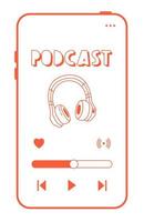 Headphones, microphone, on air icons on phone screen. Podcast recording and listening, broadcasting, online radio, audio streaming service concept. Hand drawn vector isolated illustrations