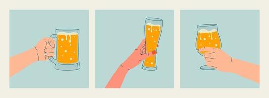 Set of outline drawings. Woman s and man's hands holding glass of beer. Flat illustration for greeting cards, postcards, invitations, menu design. Line art template vector