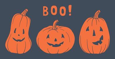 Set of pumpkins. Main symbol of Halloween. Orange pumpkin with various funny faces. Template for your design. Hand drawn trendy Vector illustration. All elements are isolated.