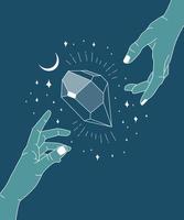 Hands holding crystal gem outline illustration. Magic crystal concept. Modern vector illustration. Transparent line art gem with stars and moon. Minimalistic design for web.