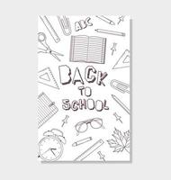 Back to school poster. Monochrome line art hand drawn illustrations with school supplies in doodle style. Education concept. Vector flyer on white background