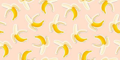 Cute yellow bananas on a coral background. Trendy banana pattern design for wallpapers, print, fabric and stationery design. Yellow banana sticker pattern. Illustrated vector fruit.