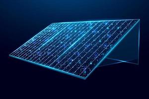 Solar battery, solar panel. Renewable alternative energy concept with glowing low poly panel on dark blue background. Wireframe low poly design. Abstract futuristic vector illustration