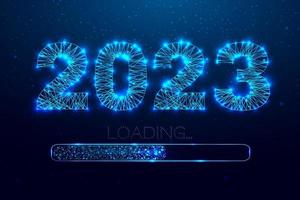 New year 2023 loading. Loading bar. Low poly style design. Numbers from a polygonal wireframe mesh. Abstract vector illustration on dark background.