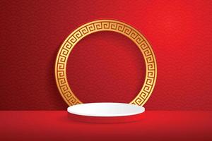 Podiums round Chinese style stage design for Chinese New Year festival or mid autumn festival with red paper cut art on red color background and asian elements with craft style on background. vector