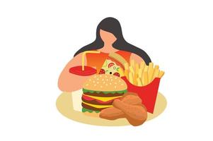 mujer comiendo alimentos poco saludables vector