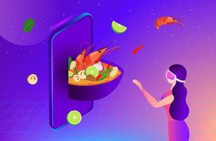 comida de realidad virtual del metaverso. mujer con gafas vr que tiene experiencia 3d en el mundo de la cocina en la ilustración del vector metaverso