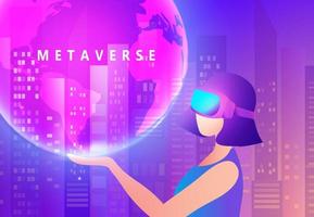 Metaverse digital virtual reality and augmented reality technology, woman wearing virtual reality headset glasses connecting to virtual space and universe vector illustration