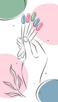 Beautiful female hands with color samples nail polish. Design layout nail studio for social media posts and stories, mobile apps. Vector illustrations