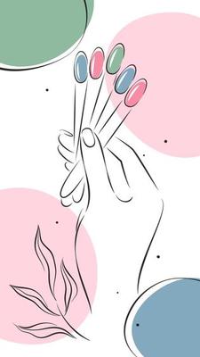 Beautiful female hands with color samples nail polish. Design layout nail studio for social media posts and stories, mobile apps. Vector illustrations