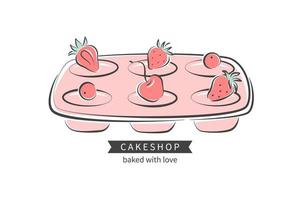 Baking dish for muffins and cake with berries .Bakery element or pastry shop.Vector Illustration for logo, menu, recipe design or icon. vector