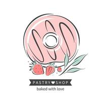 Donut and berries. Pastry and bread shop. Vector illustration for logo, menu, recipe book, baking shop, cafe, restaurant.