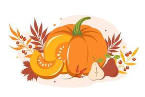 calabaza con frutas y hojas coloridas de otoño. Feliz día de acción de gracias. ilustración vectorial para tarjeta de felicitación navideña, pancarta, póster vector