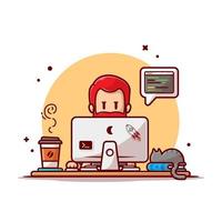 hombre trabajando en computadora con ilustración de icono de vector de dibujos animados de gato. concepto de icono de tecnología de personas vector premium aislado. estilo de dibujos animados plana