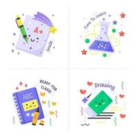 Back to school collection of Stickers for students with school supplies. Vector illustration