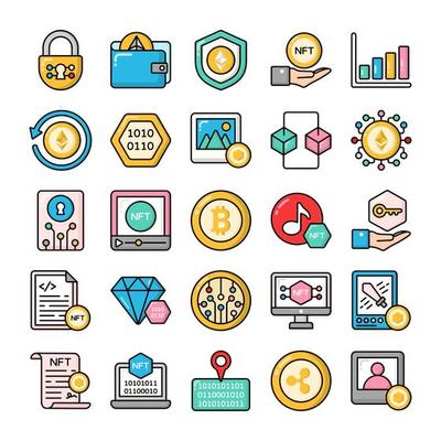 NFT line icon set.  Non-fungible token, Blockchain, crypto, currency, and more.