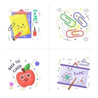 Back to school collection of Stickers for students with school supplies. Vector illustration