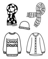 Set of isolated doodle autumn clothes. Hand drawn cozy sweaters, scarves, hat. Vector autumn flat illustration.