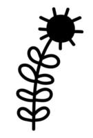 Doodle cute flower with leaves decorative element. Floral, botanical vector illustration design, isolated hand drawn black sunflower element.