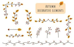 Autumn decorative elements collection. Abstract isolated frames, borders, branches of autumn leaves and berries. Vector botanical doodle illustration.