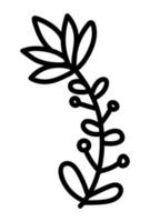 Doodle cute abstract flower with leaves decorative element. Floral, botanical vector illustration design, isolated hand drawn black element.