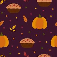 patrón transparente de acción de gracias con calabazas, pastel y hojas. estampado textil dibujado a mano en otoño. fondo acogedor vectorial. vector