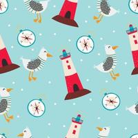 Seamless childish pattern with lighthouse, compass and seagull. Vector illustration