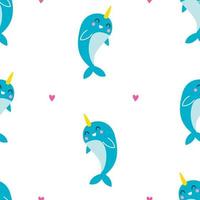 Seamless pattern with cute narwhale. Vector illustration