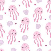 Seamless pattern with cute jellyfish, shell, heart. Vector childish illustration