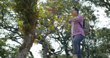 Dolly shot, Young Asian handsome male in eyeglasses and backpack hiking on trail up peaceful lush high elevation green forest with his camera to taking photo video