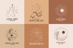 Boho mystic doodle esoteric logo set. Magic line art icon with pyramid, sunset, sun, hand, moon, eye vector