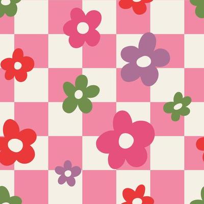Aesthetic Contemporary printable seamless pattern with retro groovy flowers. Decorative Naive 60's, 70's style Vintage boho background in minimalist mid century style for fabric, wallpaper or wrapping