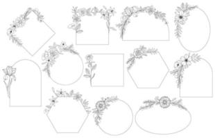 Set abstract elegant line art flower and leaf frame. Continuous boho line art silhouette of floral artwork vector