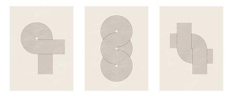 Set of Mid century modern minimalist art print with organic natural shape. Abstract contemporary aesthetic background with geometric Minimal black line on beige. Boho wall decor. vector
